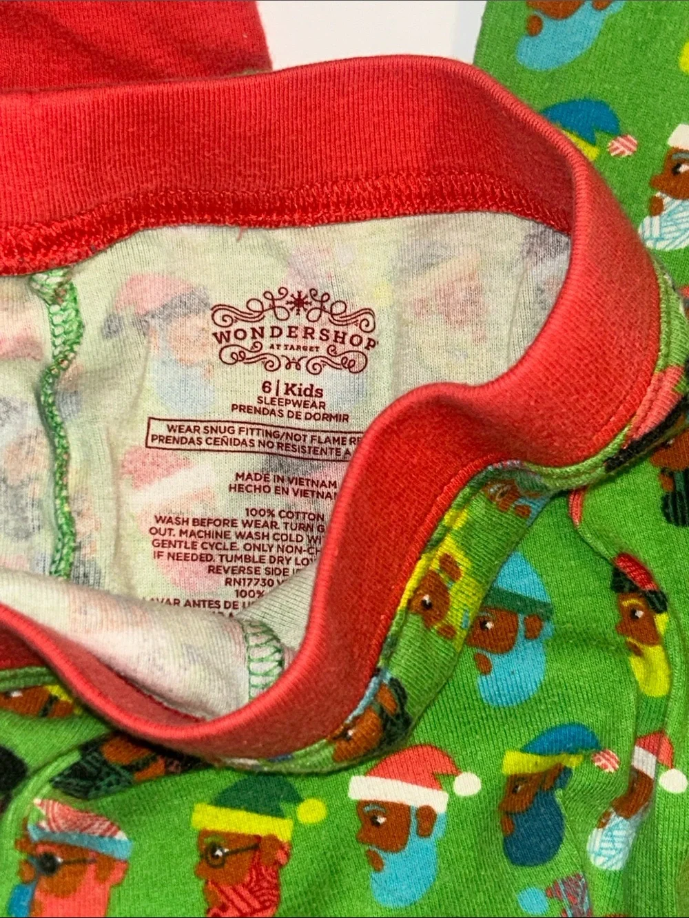 Kids Green Holiday Character Pajama Set with Red Trim